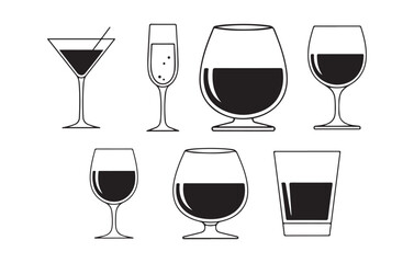 Wine and cocktail glass silhouette bundle, drinking glass icons set