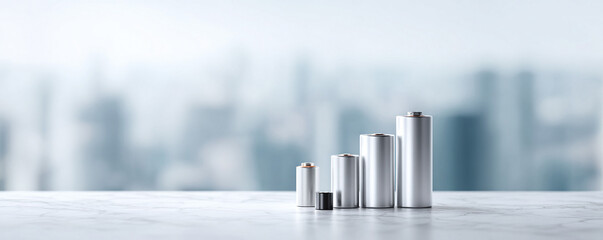 Sleek, modern arrangement of batteries of various sizes. Symbolizes power, energy, progress, or decline. Perfect for illustrating concepts related to technology, finance, or sustainability.
