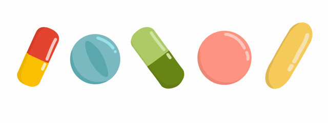 Pills and capsules vector illustration set. Hand drawn medications in different sizes and shapes isolated on white background
