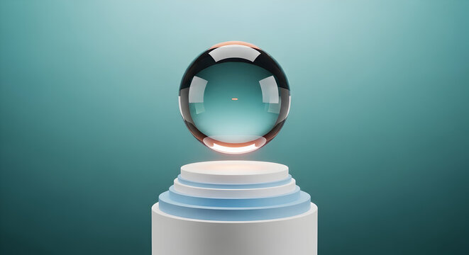  Floating glass sphere above pastel podium on teal background — minimalist crystal ball product concept with soft lighting