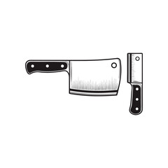 Butcher Cleaver Icon: A detailed monochrome illustration of a butcher cleaver, presented in two distinct orientations, showcasing the sharp blade and sturdy handle.