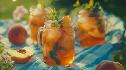 refreshing summer vibe with iced peach tea in mason jars, garnished with fresh peach slices and mint, on a picnic tablecloth