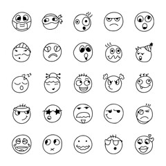 Hand drawn emoji set, doodle emoticons, cartoon smiley faces, black and white line art, cute expression icons, vector illustration, funny character emotions pack