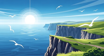 A scenic view of ocean cliffs with seagulls flying under a bright sun and blue sky illustration