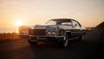 Classic convertible glimmers in sunsets embrace