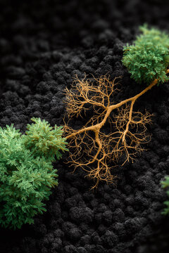 Fototapeta Striking macro image featuring contrasting green plant life and a golden root system against a textured black background. Evokes themes of growth, contrast, and resilience.