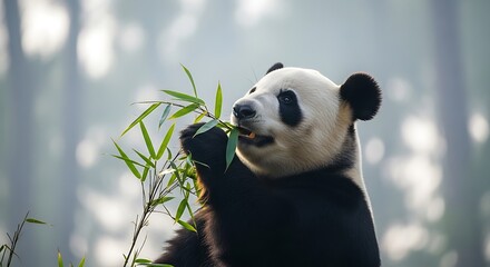 Obraz premium A giant panda stands upright, peacefully munching on fresh bamboo shoots in a misty forest environment, showcasing its natural habitat and diet.