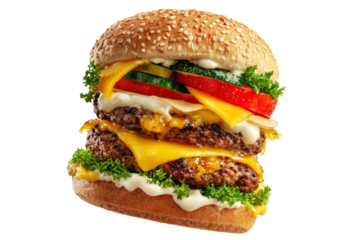 Australia Aussie crispy chicken burger with cheddar cheese, fries, lettuce, tomato, pickles and mayo on sesame bun, isolated on white transparent background