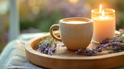 peaceful evening setup with chamomile tea in a ceramic mug, surrounded by lavender sprigs and a glowing candle on a wooden tray