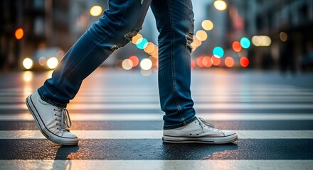 Fototapeta premium Person walking city street at night, crossing pedestrian crossing, wearing jeans and sneakers.