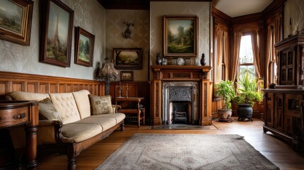 Period-style Victorian interior antique fireplace oil paintings