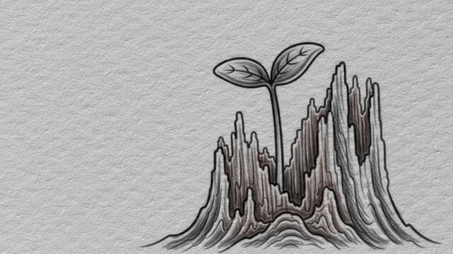 Plant growing from weathered stump illustration