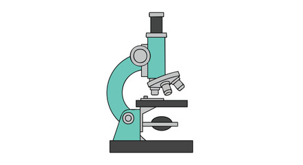 A vintage teal and gray microscope illustration for scientific study and examination visual, detailed depiction of laboratory instrument for