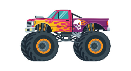 Obraz premium Cartoon Monster Truck with Skull and Flames Design Showing Exaggerated and Exuberant Vehicle Art