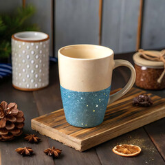 tylish glitter coffee cup design in beige and blue tones placed on rustic dark wood.