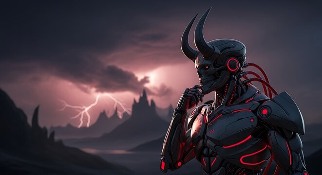 Focused Futuristic Robot in Stormy Landscape.