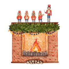A brick fireplace with a burning fire, decorated with a green garland, bears and a nutcracker soldier. Watercolor illustration for Christmas cards, posters, children books, holiday decor and festive.