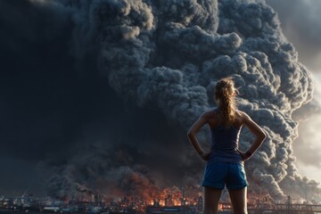 Obraz premium Young activist silhouette defies smoke-filled mine in striking image. Human rights report. Study reveals surge in human rights violations at mines across key regions. Central asia mines.