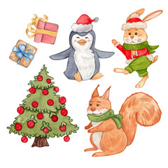 Set of Christmas elements with penguin in red hat, rabbit in scarf, squirrel, decorated tree and gift boxes. Watercolor illustration. Suitable for postcards, stickers, posters and festive design.