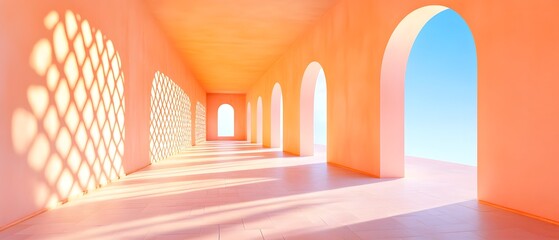 A long hallway with arched openings and a blue sky outside