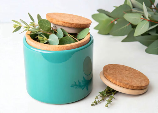 green hurb in a pot on white background