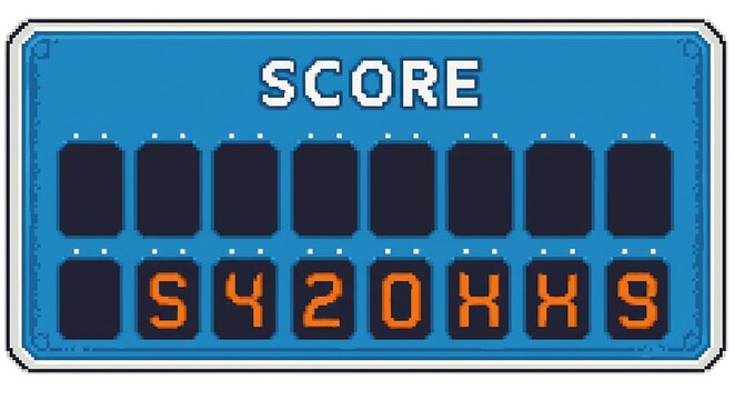 Retro score display shows game achievement progress