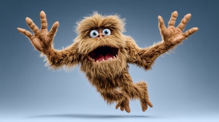 Cartoon monster with big eyes and a mouth open wide is jumping in the air. The monster has a big, furry body and is wearing a hat. The image has a playful and fun mood