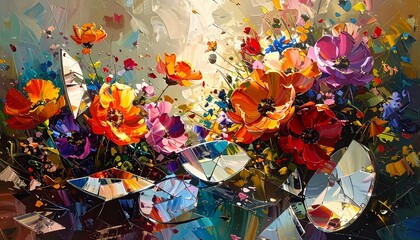 Vibrant floral arrangement with abstract elements and bold brushstrokes