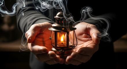 Hands cupping glowing lantern with mystical smoke trails — warm atmospheric portrait of protection and light