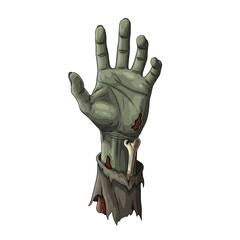 Illustrated green zombie hand reaching up from the ground.