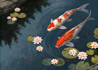 Two Koi beauttiful Fish Swimming in Dark Water with Flowers 