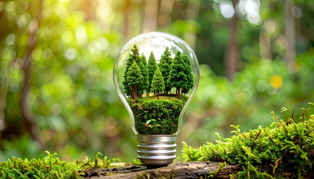 Green energy concept Miniature forest inside a light bulb on a mossy log