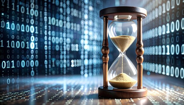 Time is running out for data analysis with an hourglass and binary code background - Powered by Adobe