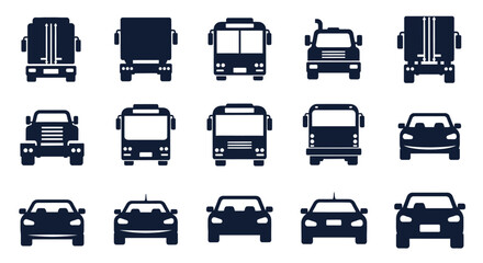 Collection of Front Views of Various Vehicles, Including Trucks, Buses, and Cars in Silhouette
