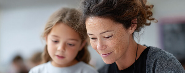 A caring woman and child share a focused moment, symbolizing learning, family, and support. Perfect for educational or lifestyle content.