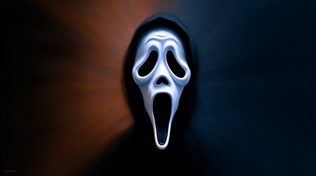Scary face with a mouth open and a scream. The face is surrounded by a dark background