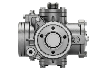 Heavy-duty industrial hydraulic pressure control valve isolated on a transparent background