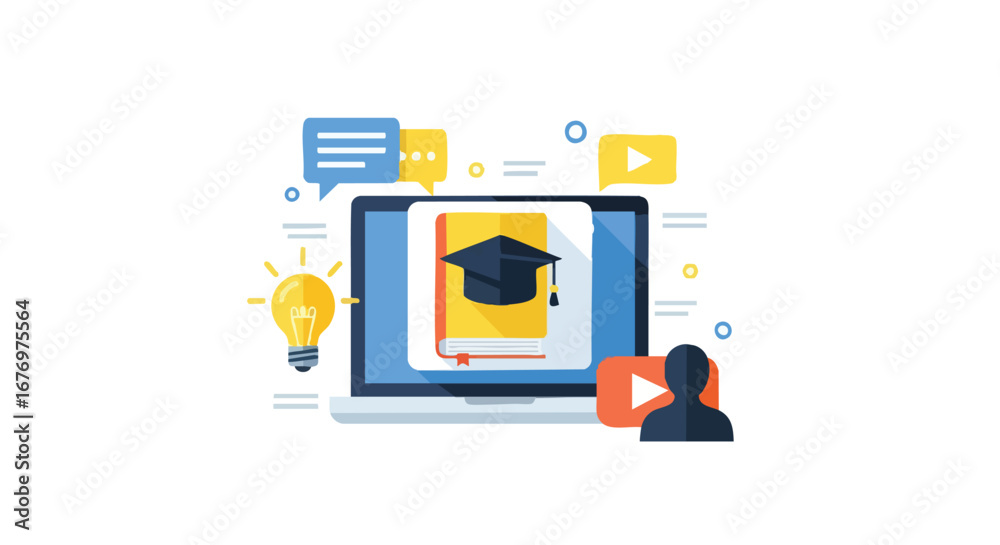 Wall mural visual representation of digital education and online learning resources with a student in a video p