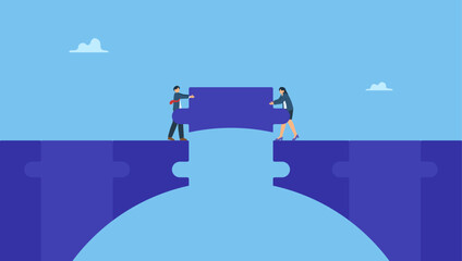 Business team help building the bridge jigsaw puzzle to connect the way. Build business bridge connect path together, solution or teamwork idea, cooperation or collaboration to success together.