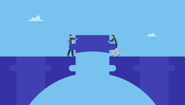 Business team help building the bridge jigsaw puzzle to connect the way. Build business bridge connect path together, solution or teamwork idea, cooperation or collaboration to success together.