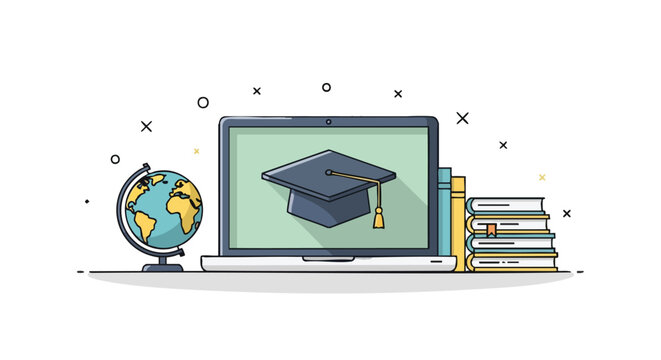 Conceptual illustration depicting online learning platform with academic resources and globalization in educational technology advancement and