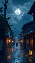 Naklejka premium A lone figure walks a moonlit, rain-slicked Japanese street at night.