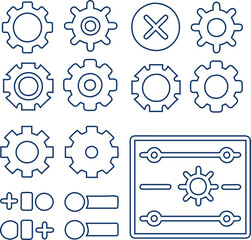 Vector gear setting icons in outline and line art styles. Ideal for apps, web UI, and engineering design projects.