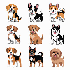 Nine cartoon dogs including husky, corgi, and terrier breeds on white background puppy