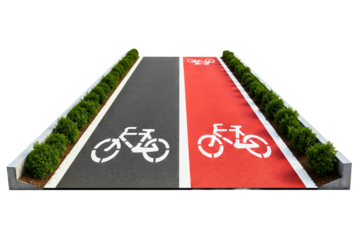 Two-way asphalt bike path with red and black painted lanes isolated on a transparent background