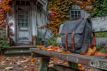 Well-Worn Backpack Resting on Bench in Front of Historic School