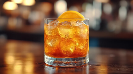 Cocktail close up in a bar setting. Blurred people in the background