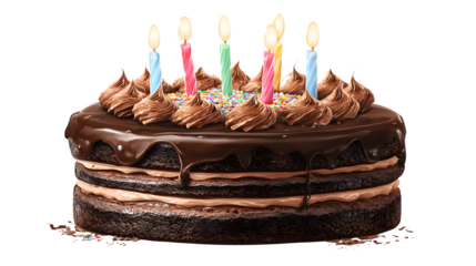 Chocolate Birthday Cake with Candles, isolated on transparent background
