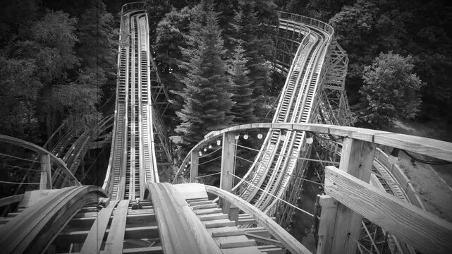 Onboard view of a wooden roller coaster in Efteling amusement park, Netherlands &ndash; vintage black and white video with winding track through the forest.