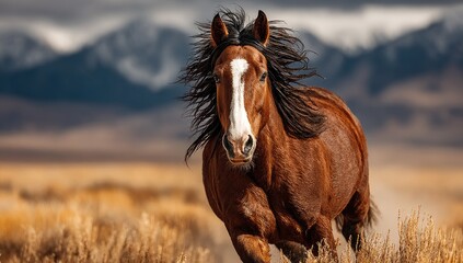 Obraz premium Running horse in a desert mountain landscape